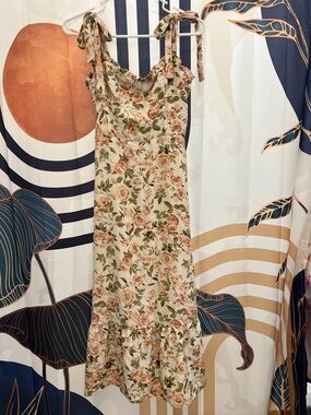 Floral Tie-Shoulder Midi Dress in Cream and Rose